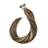 Ugeat Itip Human Hair Extensions 22inch I Tip Hair Extensions Remy Hair Dark Brown Highlighted Caramel Blonde Pre Bonded Human Hair Extensions 0.8g/Strand 40Gram Natural Hair Extensions