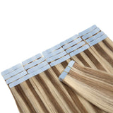 14 Inch 30g Tape in Remy Human Hair Extensions Thin Highlight #12/613 Golden Brown Mix Bleach Blonde Long Straight Glue in Hairpieces Seamless Skin Weft with Invisible Double Sided Tape 20pc/pack