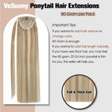 VeSunny Ponytail Extensions Human Hair Caramel Blonde Highlighted Bleach Blonde Wrap Around Clip in Ponytail Extension Blonde Straight 80g/set