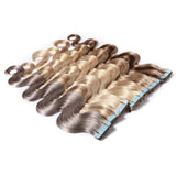 SEGO Wavy Tape in Hair Extensions Human Hair Tape In Real Hair Extensions Body Wave Skin Weft Hair Extensions Invisible Seamless Double Side Tape 40 Pieces Ash Blonde&Bleach Blonde 16inch 100g Wavy