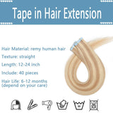 SEGO Tape In Hair Extensions Human Hair Glue In Real Extensions Skin Weft Remy Human Hair Extensions Straight Invisible Seamless Double Side Tape 40 Pieces Ash Blonde&Bleach Blonde 14inch (80gram)