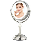 MIRRORMORE 8.5" Vanity Mirror with Lights, 10X Magnifying Mirror with 32 LEDs Lights, Double Sided Dimmable Lighted Makeup Mirror, Cordless or Plug in, Smart Switch, Senior Pearl Nickel