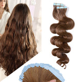 18 Inch Tape in Hair Extensions Body Wavy Human Hair 100g Thin Long Hair 40pcs/pack Seamless Skin Weft Glue in Wavy Hairpieces with Invisible Double Sided Tapes #6 Light Brown