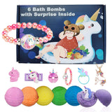 Bath Bombs for Kids with Surprise Inside Unicorn Gifts Box for Girls with 6 Toys Necklace Bracelet Hair Rope Pen Natural Fruit Aromas Bloom Color No Fizzies Safe