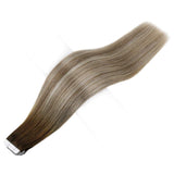 Full Shine Tape in Hair Extensions Remy Human Hair 12 Inch Glue in Hair Extensions 3 Dark Brown Fading to Ash Brown and Blonde Seamless Tape in Hair Double Sided