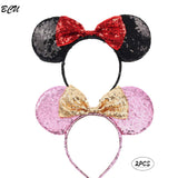 BCU Mouse Minnie Ears Set of 2 Sequin Headbands Butterfly Glitter Hairdband for Baby or Adult (1-red & gold)