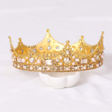 FORSEVEN King Crown for Men Crown Royal Costume Accessory Prom Tiara Baroque Vintage Crystal Pearl Bridal Wedding Tiaras Birthday Party Round Crowns (Gold)