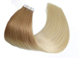 Remy Human Hair Tape in Extensions Ombre Straight Golden Brown Fading to Platinum Blonde Double Sided Hair Extensions Glue in Extensions Seamless Skin Wefts 22 Inch