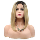 Karissa Hair Short Bob Lace Front Wigs for Women Ombre Blonde Side Part Heat Resistant Synthetic Lace Front Wig Dark Root Blonde Short Haircut Hand Tied Replacement Full Wig