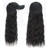 Black Wavy Wig with Hat,Synthetic Hair Extensions Attached Adjustable Black Baseball Cap Fits Women (Black)