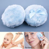 WXJ13 2 Pcs 4 inch Large Blue Fluffy Powder Puff for Body and Transparent Storage Box, Round Powder Loose Puff with Ribbon Bow Handle for Face & Body