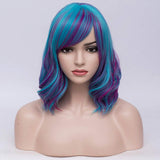 BERON Women's Short Blue Wavy Bob Wig Curly Wig with Bangs Halloween Cosplay Wig Daily Use Synthetic Wigs (Blue Purple)