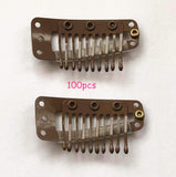ZZRRYY Professional, Upgraded 100 Pcs Metailic Snap Comb Wig Clips for Hair Extensions Hairpieces, Premium DIY Iron Snap-Comb Wig Clips with Rubber for men Large size (Light Brown,10-Teeth)