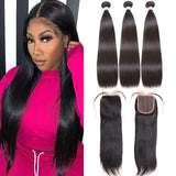 Brazilian Straight Human Hair Bundles with Closure (14 16 18+12 Inch) 10A Unprocessed Virgin Straight Hair Weave 3 Bundles with 4x4 Free Part Lace Closure (14 16 18+12)