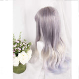 25" Women Girls Japan Harajuku Elegant Sweet Lolita Natural Looking Daily Wear Cute Long gray Blue & Khaki blend wave Curly Gradient Kanekalon Full Wig Cosplay