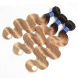 1b/27 Mink Brazilian Body Wave Ombre Hair Bundles Honey Blonde Ombre Human Hair Bundles 100gram Unprocessed Brazilian Wavy Virgin Hair Weave Ombre 2 Tone Dark to Root Machine Double Drawn Weft(12inch)