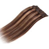 Clip in 100% Remy Human Hair Extensions Double Weft Highlight Highlighted Grade 7A Quality Full Head Thick Short Straight 8pcs 18clips 10" / 10 inch 110g #4P27 Medium Brown mix Dark Blonde Balayage
