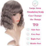 Fashion Gray color Bob Wigs with Bangs 12 13 14 Inch Natural Body Wave Hair Style Shawl Hair Wig Short Curly Wave Hair Wigs for Fashion Women and Girls Good for Daily Use Cosplay Party