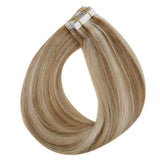 LaaVoo Tape in Hair Extensions Human Hair Highlight Blonde Seamless Soft Tape in Real Hair Extensions Golden Brown Highlight Light Blonde Tape on Blonde Hair Extensions Double Sided 20Pcs 50g 14”