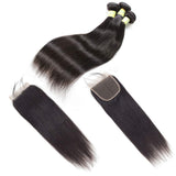 Brazilian Straight Human Hair Bundles with Closure (14 16 18+12 Inch) 10A Unprocessed Virgin Straight Hair Weave 3 Bundles with 4x4 Free Part Lace Closure (14 16 18+12)