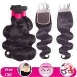 VRVOGUE (12" 14" 16"+ 10") Brazilian Body Wave Bundles with Lace Closure for 4x4 Bob Human Hair Body Wave Wigs 100% Unprocessed Brazilian Virgin Human Hair Weave Extensions Natural Color