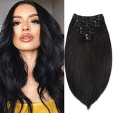 24" Jet Black Hair Extensions Clip in Human Hair Double Weft 100% Real Human Hair Remy Brazilian Straight Clip on Human Hair Extensions Soft Silky Grade 8A 8Pieces/Lot 120g 20Clip for Women