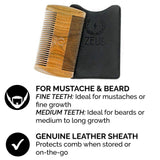 ZEUS Hand Polished Organic Sandalwood Comb Set with Leather Sheath for Mustache, Beard, and Hair - Best 3 Piece Set - Fine and Medium Teeth