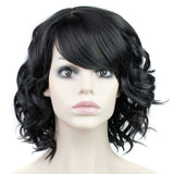 BERON Short Curly Wigs Fashion Wavy Bob Wigs with Side Bangs Short Full Synthetic Wigs for Black Women (Black)