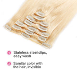 Bleach Blonde 100% Clip in Remy Human Hair Extensions #613 Grade AAAAA Natural Hair Full Head 7pcs 16clips Standard Weft Long Silky Straight for Women Fashion and Beauty 20" /20 inch 70g