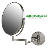 OVENTE Wall Mounted Vanity Makeup Mirror 9 Inch with 10X Magnification and Extendable Arm, Double-Sided with 360 Degree Swivel Mechanism and Zero Distortion, Nickel Brushed (MNLFW90BR1X10X)