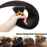 SEGO Nano Bead Ring Human Hair Extension Pre Bonded Nano Tip Remy Hair Extensions Micro Beads Rings Loop Hand Tied Hairpiece 20 Inch #1B Natural Black 1g/strand 50g/pack