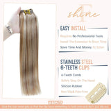 Fshine Clip in Hair Extensions 14 Inches Color 10 Golden Brown and 613 Yellow Blonde Highlighted 100 Grams 7 Pieces Real Hair Extensions Remy Clip on Extensions