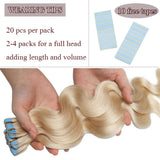 40 PCS Rooted Tape In Hair Extensions Human Hair Invisible Seamless Skin Weft Body Wave Highlight Double Side Tape Remy Human Hair Extensions Balayage Wavy For Women (20'',100g/40pcs,#70 White Blonde)