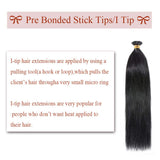 100 Strands/Pack I Tip Remy Human Hair Extensions Pre Bonded Keratin Stick In Hair Extensions Cold Fusion Hair Piece For Women Long Straight #1 Jet Black 22'' 50g