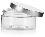 Clear PET Plastic (BPA Free) Refillable Low Profile Jar with Silver Metal Lid - 8 oz (12 Pack) + Spatulas