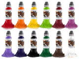 World Famous Primary Color Tattoo Ink Set #1-12 Professional Vegan Tattoo Inks in Convenient Crystal-Flex Bottles - 1 Ounce Each