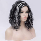 BUFASHION 14" Women Short Wavy Curly Wig For Cosplay Halloween Synthetic Wigs Ombre Green Bob Wigs For Women (Black with White)