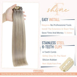 Fshine Clip in Hair Extensions Human Hair Double Weft Thick 100 Gram 18 Inch Natural Real Hair Clip on Individual 10 Pieces Full Head Balayage Clip ins Hair Gray Blonde Fading to Platinum Highlights