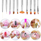 10Pcs Professional Nail Art Brushes Set Salon 3D Acrylic DIY Manicure Drawing Painting Pen Tool Kit - Silver
