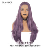Purple Lace Front Wig GLAMADOR Fashion Wavy Long Synthetic Wig, Half Hand Tied Body Wave Wig for Women Girls Cosplay Dating Party, Heat Resistant Replacement Wigs with Wig Cap 22 inches