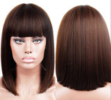 Short Layered Shoulder Length Wig with Bangs Synthetic Hair Fiber Highlight Multicolor Bob Wigs for Women