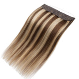 16 Inch Human Hair Wire Extensions Highlight Thicker Secret Fish Line Hidden Crown Hair Long Straight No Clips No Glue Hairpieces Invisible Fish Line in 90g Balayage #4/27 Medium Brown Mix Dark Blonde