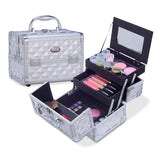 Mini Makeup Train Case 9.5" Aluminum Professional Cosmetic Organizer Box with Mirror (Silver Diamond)