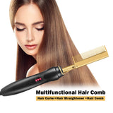 Gold Plated Heated Styling Comb Electric Hot Straightening Heat Pressing Comb Ceramic Curling Flat Iron Curler Designed Hair Straightener Curling Iron for Natural Black Hair,Wigs,Beards (Gold)