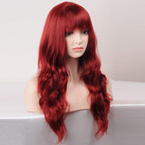 BERON 23’’ Women Girls Lovely Synthetic Long Curly Wigs Pin Curls with Neat Bangs Hairnet Included (Wine Red)