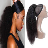 Seelaak Yaki Kinky Straight Human Hair Wrap Around Ponytail Hair Piece with Clips Magic Paste Binding Pony Tail Hairpiece for Women 100g/set (20inch)
