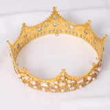 FORSEVEN King Crown for Men Crown Royal Costume Accessory Prom Tiara Baroque Vintage Crystal Pearl Bridal Wedding Tiaras Birthday Party Round Crowns (Gold)