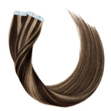18 Inch Tape in Hair Extensions Remy Human Hair 30g Thin Highlight #4/27 Meidum Brown Mix Dark Blonde Long Straight Seamless Skin Weft Glue in Balayage Human Hairpieces 20pc/pack +10 Free Tape Bonds