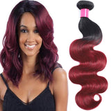 Misoun Hair Ombre Brazilian Virgin Body Wave Hair One Bundles 18inch Weaves Two Tone Black to Burgundy Color Human Hair Weaving(1B/99J,18")