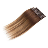 Ombre 100% Remy Human Hair Clip in Extensions Double Weft Full Head Thick Thickened Long Soft Straight 8pcs 18clips 14" / 14 inch 120g 4T27P4 Medium Brown to Dark Blonde mix Medium Brown